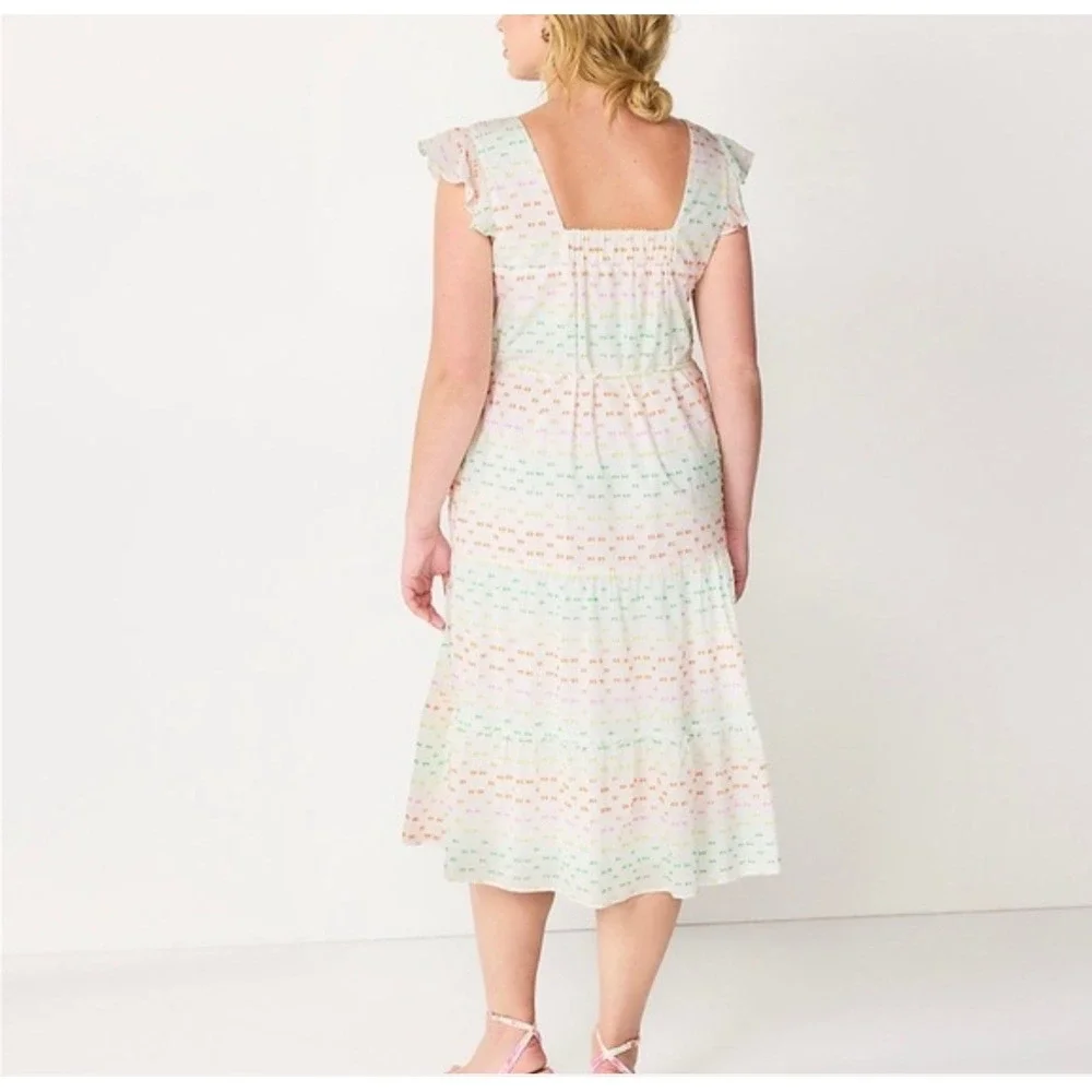 Draper James Rainbow Dot Tiered Midi Dress White Flutter Sleeves Pockets - Picture 4 of 15